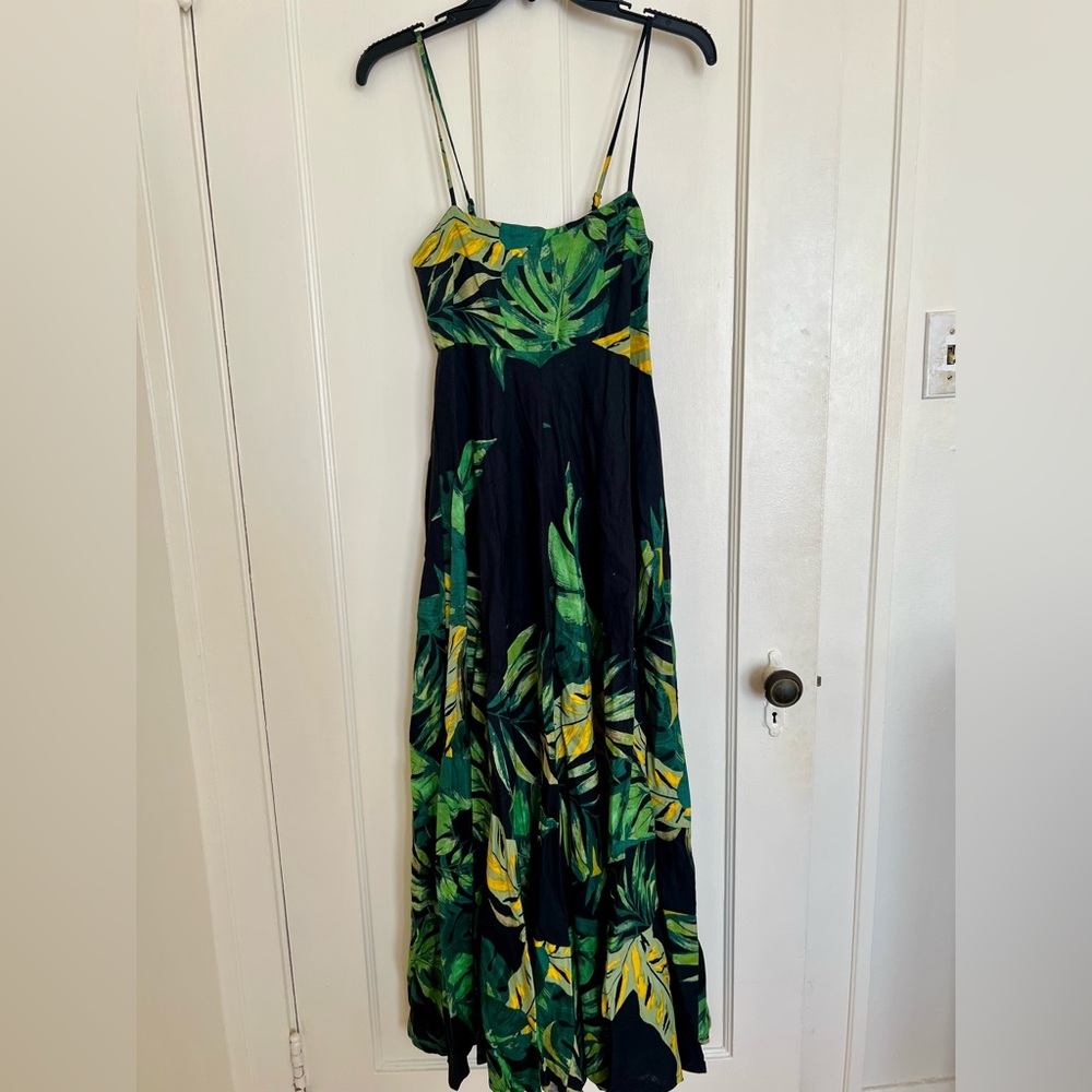 Olivaceous Black Tropical Maxi Dress with Green & Yellow Leaf Print